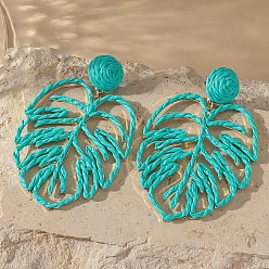 Бирюза Серьги-гвоздики из железной рафии, лист, золотой свет, с 316 штифтов из нержавеющей стали, бирюзовые, 70x45 мм