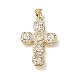 Real 18K Gold Plated Brass Micro Pave Clear Cubic Zirconia Pendants, Polygon Cross Charms, Lead Free & Cadmium Free, Long-Lasting Plated, Rack Plating, Real 18K Gold Plated, 28x19x3mm, Hole: 4x3mm