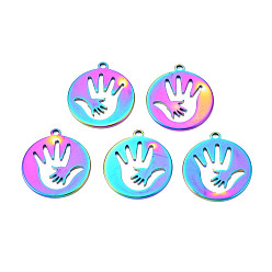 Rainbow Color Ion Plating(IP) 201 Stainless Steel Pendants, Flat Round with Palm, Rainbow Color, 24.5x21.5x1.5mm, Hole: 2mm