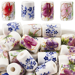 Mixed Color 50Pcs Handmade Porcelain Beads, Famille Rose Style, Column with Flower Pattern, Mixed Color, 12.5x8.5mm, Hole: 3mm