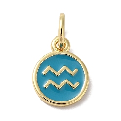 Темный Голубой Настоящие золотые латунные эмалевые брелоки 18 k, с целью перехода в кольце, долговечный, без свинца и без кадмия, плоский круглый с подвесками в виде Водолея, темные голубые, 10x8x1 мм, отверстие : 4 мм