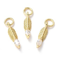 Real 18K Gold Plated Brass Micro Pave Clear Cubic Zirconia Pendants, Feather, Real 18K Gold Plated, 15x4x3mm, Hole: 3.6mm, Jump Ring: 5x0.7mm, Hole: 3.6mm