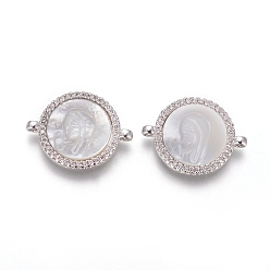 Платина Соединители из латуни с микропаве и кубическим цирконием, с оболочкой, плоские круглые с Девой Марией, прозрачные, платина, 15x20x3 мм, отверстие : 1.2 мм