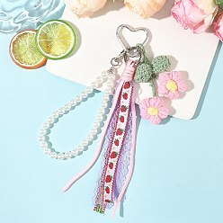 Pink Подвесные украшения из шерстяной пряжи, полиэстеровой ленты и пластиковых жемчужных бусин, платина, розовые, 240 мм