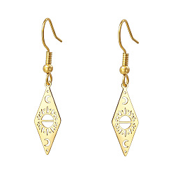 Golden 304 Stainless Steel Rhombus Dangle Earrings for Women, Star Moon, Golden, 26x10mm
