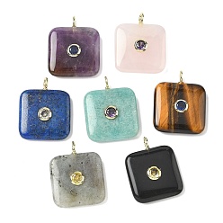 Смешанные камни Природные смешанные подвески драгоценных камней, квадратные подвески с латунной микрофиброй и фианитами, золотые, цвет циркона случаен, смешанные окрашенные и неокрашенные, 31x24~25x6~7 мм, отверстие : 3x2 мм