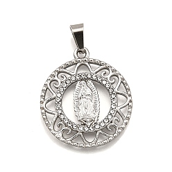 Плоский Круглый 304 подвески из нержавеющей стали, со стразами, религиозная тема, очарование леди Гваделупской, цвет нержавеющей стали, плоско-круглые, 28.5x25x2.5 мм, отверстие : 3x7 мм
