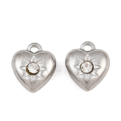 Stainless Steel Color 304 Stainless Steel Charms, with Crystal Rhinestone, Heart Charms, Stainless Steel Color, 9x8x4mm, Hole: 1.4mm