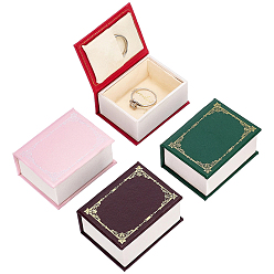 Mixed Color 4Pcs 4 Colors Vintage Book-Shaped Cardboard Jewelry Ring Boxes with Magnetic Lid and Sheepskin Leather Inside, Mixed Color, 5.9x4.6x2.75cm, 1pc/color