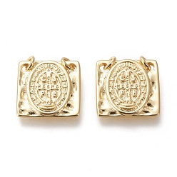 Настоящее золото 18K Латунь прелести, с прыжковых колец, долговечный, площадь с медалью святого бенедикта / святого бенедикта, реальный 18 k позолоченный, 15x15x2 мм, отверстие : 2.2 мм