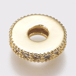 Golden Brass Micro Pave Cubic Zirconia Bead Spacers, Flat Round, Clear, Golden, 8x2mm, Hole: 3mm