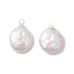 Серебро Плоские круглые подвески из натурального жемчуга кеши, с латунными штифтовыми скобами, цветочный белый, серебряные, 13~14x10x4 мм, отверстие : 1.6 мм