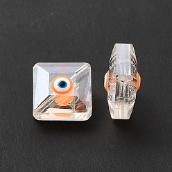 Orange Glass Beads, Hand Painted Beads, Faceted Square, with Enamel, AB Color Plated, Orange, 13x13x9mm, Hole: 1.2mm