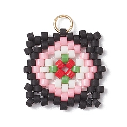 Pink Подвески из стеклянных бусин ручной работы в форме решетки на окна, с 304 петлей из нержавеющей стали, розовые, 16.5x16.5x1.5 мм, отверстие : 3 мм