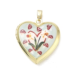 Light Blue Printed Brass Locket Pendants, Heart with Flower Charms, Light Blue, 25x22.5x5.5mm, Hole: 4x2.5mm