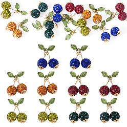 (52) Непрозрачная лаванда 10 шт. 5 цветов, полимерная глина, стразы, подвески ручной работы в форме вишни, с акриловыми подвесками в виде листьев, с открытыми пружинными кольцами из нержавеющей стали 304, разноцветные, 20x18x10 мм, отверстие : 3 мм, 2 шт / цвет