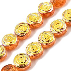 Naranja Pintura de horneado galvanizada cuentas de vidrio transparentes hebras, plano y redondo con flor rosa, color de ab chapado, naranja, 10x5.3 mm, agujero: 1 mm, sobre 65 unidades / cadena, 25.20'' (64 cm)
