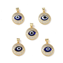 Dark Blue Real 18K Gold Plated Brass Clear Cubic Zirconia Pendants, Flat Round with Lampwork Evil Eye Charms, Lead Free & Cadmium free, Dark Blue, 19x16.5x5mm, Hole: 4mm