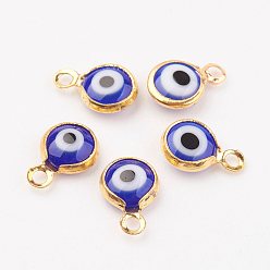 Blue Lampwork Charms, with Brass Findings, Flat Round/Eye, Golden, Blue, 9.5~10x6.5x2.5mm, Hole: 1.5mm