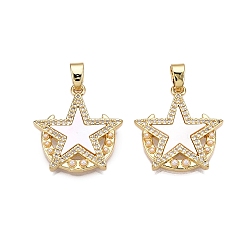 Настоящее золото 18K Латунные микропаве прозрачные подвески с фианитом, без кадмия и без свинца, с ракушкой и имитацией жемчуга из АБС, звездные и лунные чары, реальный 18 k позолоченный, 22.5x21x3 мм, отверстие : 5.5x3 мм