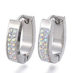 Нержавеющая Сталь Цвет 304 обруч серьги из нержавеющей стали замке, с полимерной глиной горный хрусталь, кольцо, хрусталь AB, цвет нержавеющей стали, 16x14x4 мм, штифты : 1 мм