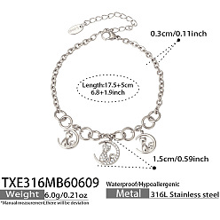 Cat Shape Summer Beach 316 Surgical Stainless Steel Micro Pave Clear Cubic Zirconia Charm Bracelets for Women, Stainless Steel Color, Cat Shape, 6.89 inch(17.5cm)
