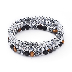 Tigerauge Galvanisieren Glasperlen Stretch Armbänder Sets, stapelbare Armbänder, mit natürlichem schwarzem Achat (gefärbt) und Tigerauge, Synthetische, nicht magnetische synthetische Hämatitperlen und Beutel mit Sackleinen, 2-1/8 Zoll (5.5 cm), 3 Stück / Set