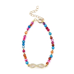 Natural Agate Infinity Brass Micro Pave Cubic Zirconia Link Bracelets, with Natural Agate Beads and Brass Spring Ring Clasps, Golden, 7-3/4 inch(19.8cm)