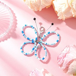 Небесно-голубой Стеклянные бусины бабочка подвеска украшения, с карабин-лобстерами , голубой, 60 мм