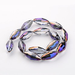 Фиолетовый Гальванические стеклянные бусины, рис, граненые, с половиным покрытием цвета радуги, фиолетовые, 36x16x16 мм, отверстие : 2 мм, около 15 шт / нитка, 21.57 дюйм