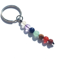 Круглые 7 брелки с драгоценными камнями чакры, с кольцами для ключей из платинового сплава, круглый узор, 7.5 см