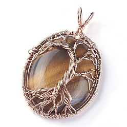Tiger Eye Natural Tiger Eye Big Pendants, with Rose Gold Tone Brass Findings, Oval with Tree of Life, 56~58.5x35~36x12~13.8mm, Hole: 4.2~5.2x4.6~6mm