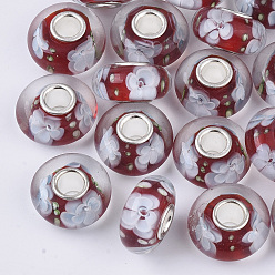 (123L) Белый крем непрозрачный блеск Бусины лэмпворк европейского стиля , со цветком внутри , бусины с большим отверстием, с серебристым покрытием из латуни, рондель, огнеупорный кирпич, 14x7.5 мм, отверстие : 4 мм