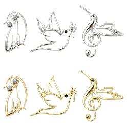 Mixed Color 6Pcs 6 Styles Alloy Lapel Pins for Clothes, Pigeon & Owl, Mixed Color, 33.5~35x19.5~41.5mm, 1pc/style