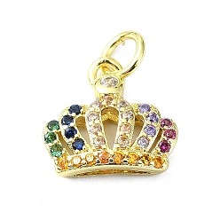 Разноцветный Латунные микро проложить кубического циркония подвески, с целью перехода в кольце, реальный 18 k позолоченный, корона очарование, красочный, 11.5x12x4 мм, отверстие : 3 мм