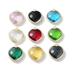 Mixed Color Brass with Glass Pendants, Faceted, Heart Charms, Mixed Color, 19x17x6mm, Hole: 1.4mm