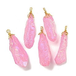 Бледно-Розовый Гальванические большие подвески из необработанного натурального кварца с кристаллами, Подвески-самородки с петлями из медной проволоки, золотые, розовый жемчуг, 40~48x13~23x10~20 мм, отверстие : 4.5~5 мм