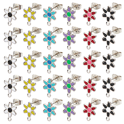 Mixed Color 48Pcs 6 Style 304 Stainless Steel Enamel Stud Earring Findings, with Loop and Ear Nuts/Earring Backs, Flower, Mixed Color, 12.5x9mm, Pin: 0.8mm, 8pcs/style