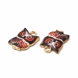 Coconut Brown Printed Alloy Pendants, Lead Free & Cadmium Free & Nickel Free, Owl Charm, Golden, Coconut Brown, 15x10.5x2mm, Hole: 1.8mm