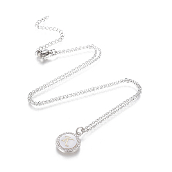 Letter K Brass Initial Pendant Necklaces, with Shell, Cubic Zirconia and 304 Stainless Steel Cable Chains, Flat Round with Letter, Letter.K, 17.5 inch(44.5cm), 1.5mm