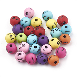 Mixed Color Opaque Acrylic Beads, Round with Expression, Mixed Color, 8x7.5mm, Hole: 1.5mm, about 1800pcs/500g