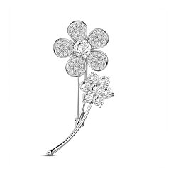 Platine Broche en laiton, avec aaa grade zircone cubique, fleur, platine, 55.4x25mm
