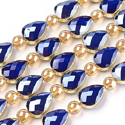 Полуночно-синий Непрозрачное стекло бисер нитей, с фурнитурой латунной золотого тона, гальваническое покрытие, граненые, слеза, темно-синий, 14x10x7 мм, отверстие : 1.2 мм, около 10 шт / нитка, 7.59 дюйм (19.3 см)