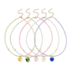 Mixed Color Heart Glass Pendant Necklace with Natural Pearl & Seed Beaded Chains, Mixed Color, 14.88 inch(37.8cm)