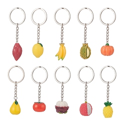 Mixed Color Fruit & Vegatable Resin Pendant Keychain, with Iron Split Key Rings, Mixed Color, 7.5~9.2cm, 10pcs/set