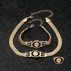Золотой Комплекты ожерелий, браслетов и колец с эмалированным цинковым сплавом, овал с рисунком головы льва, золотые, Ожерелье: 330 mm