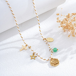 Белый Летние пляжные плетеные веревочные ожерелья-нагрудники, Кулон-подвеска в виде морской звезды и цветка из нержавеющей стали., золотые, белые, 29.92 дюйм (76 см)
