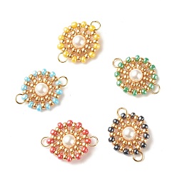 Mixed Color Shell Pearl Glass Seed Beads Connector Charms, with Golden Tone 304 Stainless Steel Loops, Flat Round, Mixed Color, 26.5x19x6.5mm, Jump Ring: 5x0.7mm, 3.6mm Inner Diameter