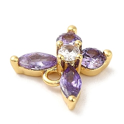 Medium Purple Brass Micro Pave Cubic Zirconia  and Glass Pendants, Lead Free & Cadmium Free, Long-Lasting Plated, Real 18K Gold Plated, Butterfly, Medium Purple, 9x10x3.5mm, Hole: 1.2mm