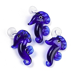 Синий Подвески лэмпворк ручной работы, прелести морских коньков, синие, 38~39x21~23x11~11.5 мм, отверстие : 3~4 мм